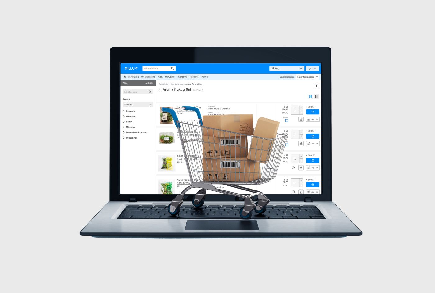 Illustration of a laptop with the Millum site on the screen and a shopping cart standing on the keyboard.
