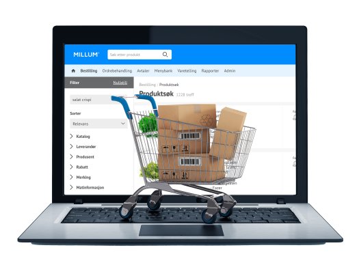 Illustration of a laptop with Millum page on the screen and a shopping cart standing on the keyboard.