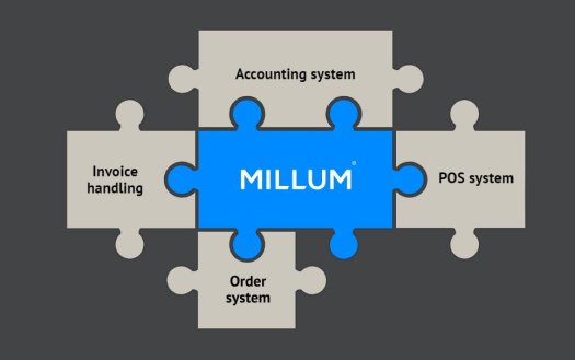 Illustration in the form of a puzzle depicting Millum as the link between the Financial System, POS System, Invoice Workflow Solutions, and Order System.